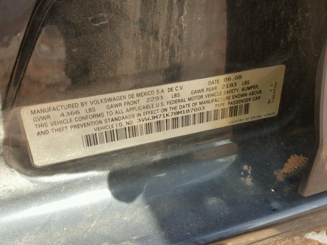 3VWJM71K78M187003 - 2008 VOLKSWAGEN JETTA S 黑色 照片 10