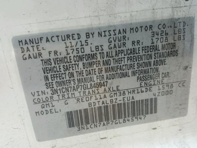 3N1CN7AP7GL845947 - 2016 NISSAN VERSA S WHITE photo 10