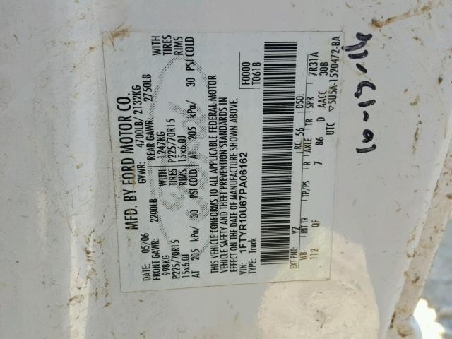 1FTYR10U67PA06162 - 2007 FORD RANGER WHITE photo 10