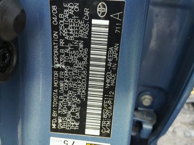 JTDKB20U587784096 - 2008 TOYOTA PRIUS BLUE photo 10