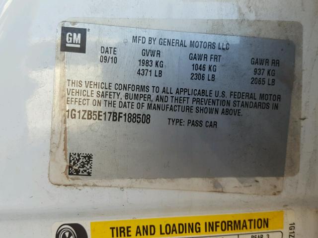 1G1ZB5E17BF188508 - 2011 CHEVROLET MALIBU LS Ağ foto 10