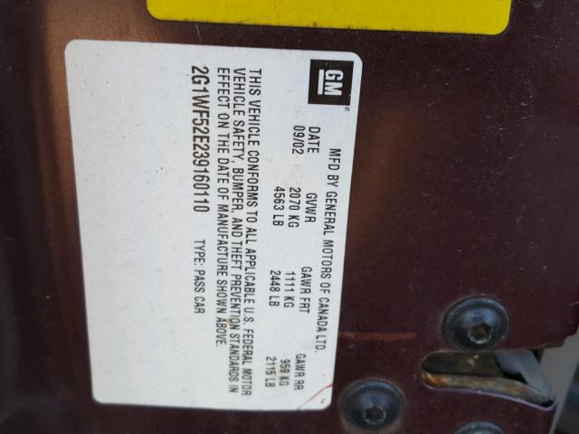 2G1WF52E239160110 - 2003 CHEVROLET IMPALA 栗色 照片 10