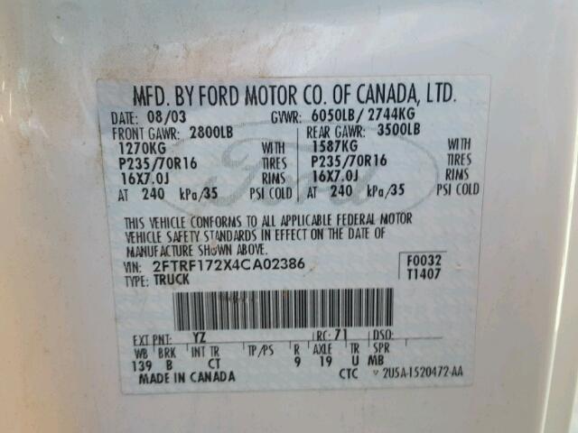 2FTRF172X4CA02386 - 2004 FORD F-150 HERI WHITE photo 10