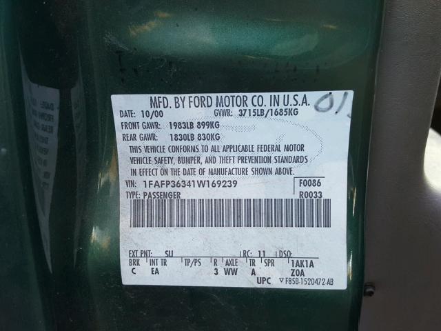 1FAFP36341W169239 - 2001 FORD FOCUS SE GREEN photo 10