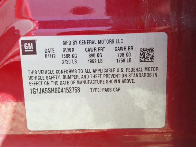 1G1JA5SH6C4152758 - 2012 CHEVROLET SONIC LS RED photo 10