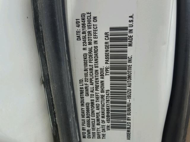 4S3BH686X17672475 - 2001 SUBARU LEGACY OUT WHITE photo 10