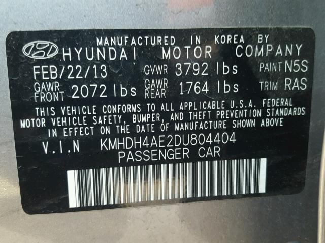 KMHDH4AE2DU804404 - 2013 HYUNDAI ELANTRA GL GRAY photo 10