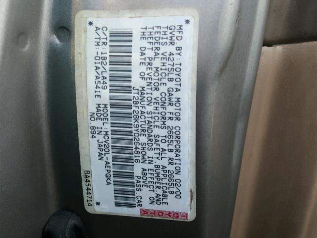 JT2BF28K9Y0264816 - 2000 TOYOTA CAMRY LE GRAY photo 10