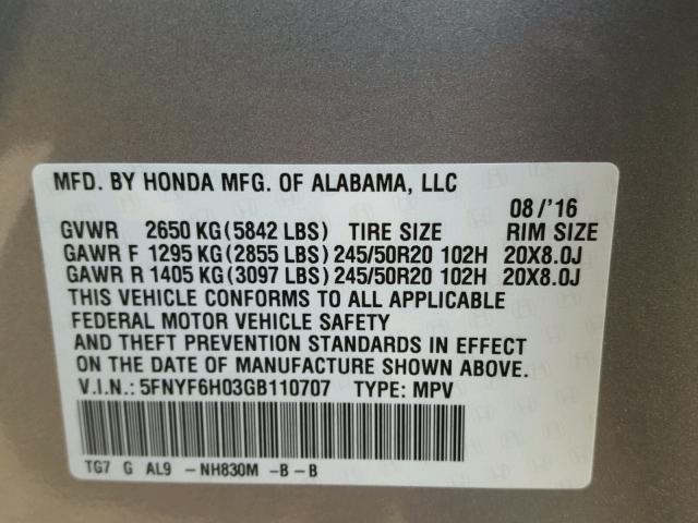 5FNYF6H03GB110707 - 2016 HONDA PILOT ELIT SILVER photo 10