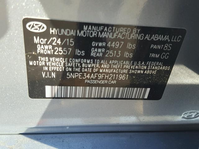 5NPE34AF9FH211961 - 2015 HYUNDAI SONATA SPO GRAY photo 10