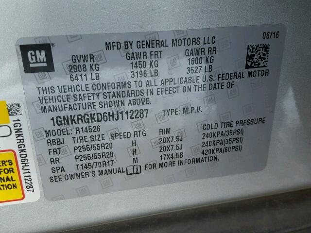 1GNKRGKD6HJ112287 - 2017 CHEVROLET TRAVERSE L SILVER photo 10