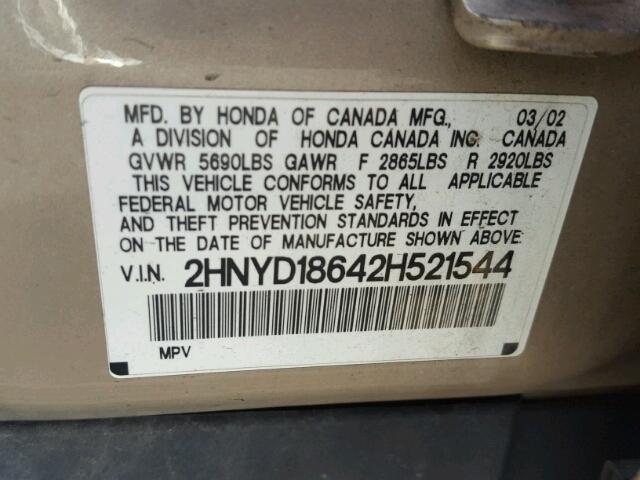 2HNYD18642H521544 - 2002 ACURA MDX TOURIN TAN photo 10