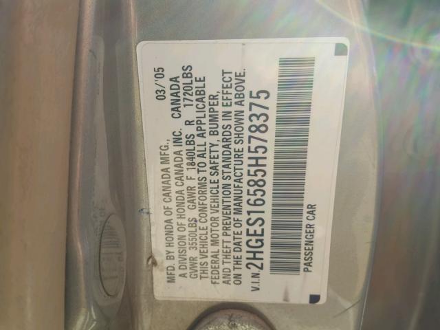 2HGES16585H578375 - 2005 HONDA CIVIC LX TAN photo 10