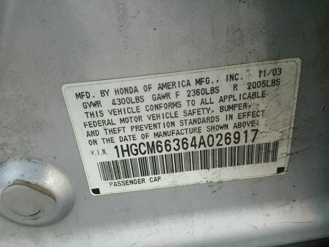 1HGCM66364A026917 - 2004 HONDA ACCORD LX SILVER photo 10