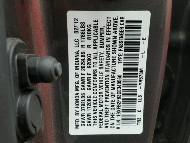 19XFB2F83CE340560 - 2012 HONDA CIVIC EX GRAY photo 10