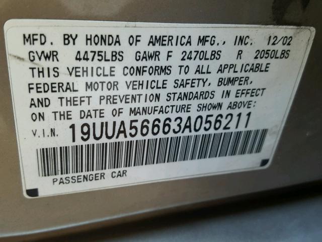 19UUA56663A056211 - 2003 ACURA 3.2TL GRAY photo 10