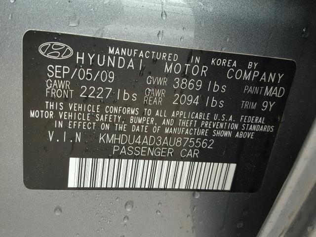 KMHDU4AD3AU875562 - 2010 HYUNDAI ELANTRA BL GRAY photo 10