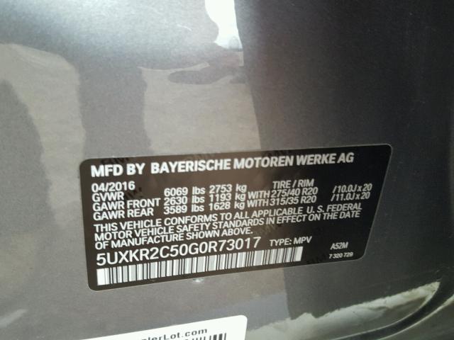 5UXKR2C50G0R73017 - 2016 BMW X5 SDRIVE3 GRAY photo 10