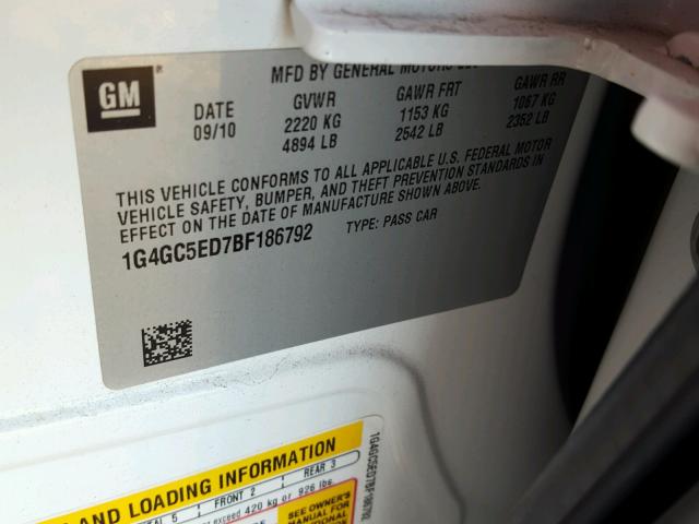 1G4GC5ED7BF186792 - 2011 BUICK LACROSSE C WHITE photo 10