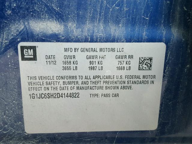 1G1JC6SH2D4144822 - 2013 CHEVROLET SONIC LT Mavi foto 10