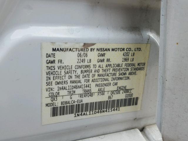 1N4AL11D46N415441 - 2006 NISSAN ALTIMA S WHITE photo 10