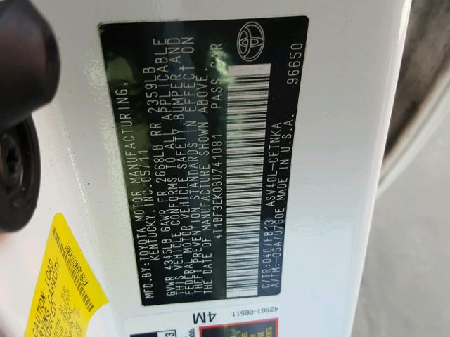 4T1BF3EK0BU741081 - 2011 TOYOTA CAMRY BASE WHITE photo 10