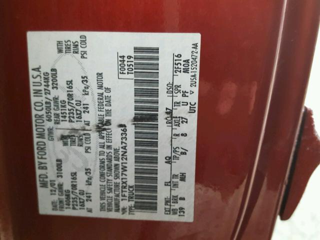 1FTRX17W12NA73368 - 2002 FORD F150 MAROON photo 10