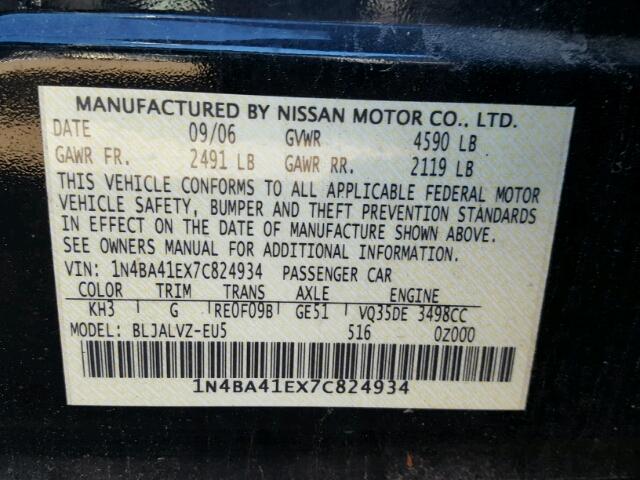 1N4BA41EX7C824934 - 2007 NISSAN MAXIMA SE BLACK photo 10