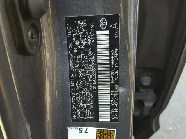 JTDKB20U283329987 - 2008 TOYOTA PRIUS CHARCOAL photo 10