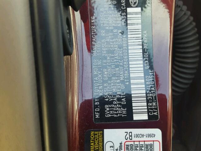 4T1BK36B06U098604 - 2006 TOYOTA AVALON XL BURGUNDY photo 10