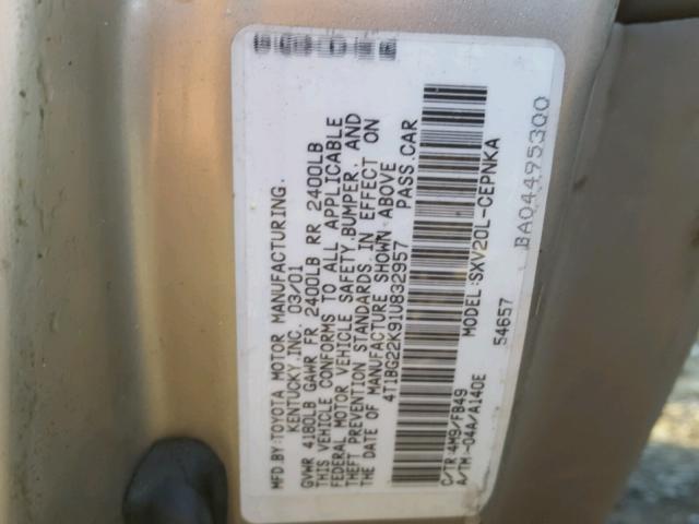 4T1BG22K91U832957 - 2001 TOYOTA CAMRY CE BEIGE photo 10