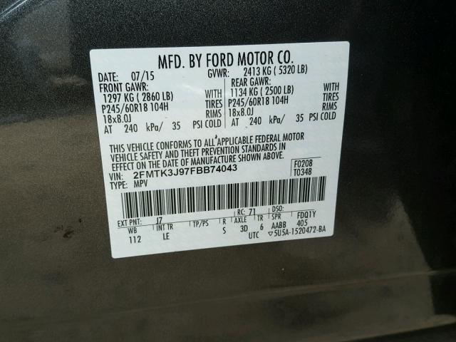 2FMTK3J97FBB74043 - 2015 FORD EDGE SEL CHARCOAL photo 10