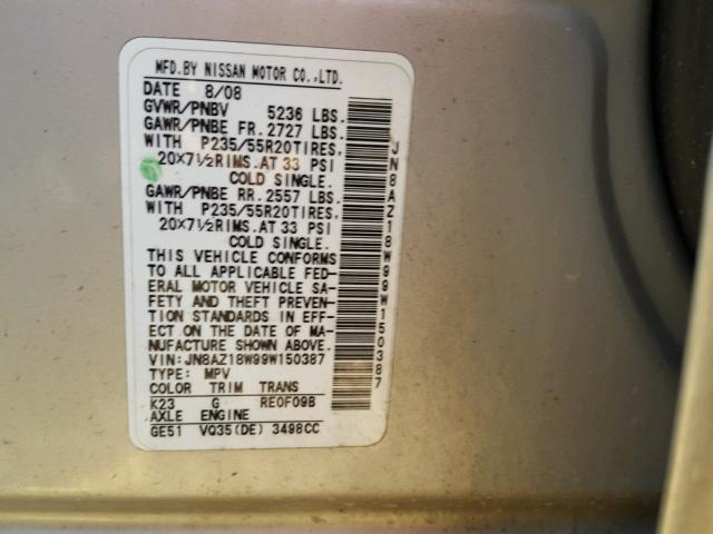 JN8AZ18W99W150387 - 2009 NISSAN MURANO S SILVER photo 10