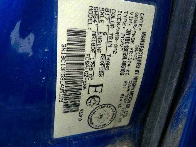 3N1BC13E59L495103 - 2009 NISSAN VERSA S BLUE photo 10