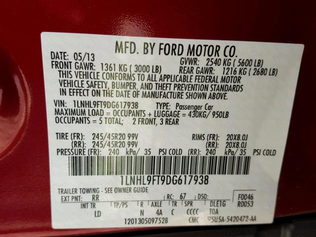 1LNHL9FT9DG617938 - 2013 LINCOLN MKS MAROON photo 10