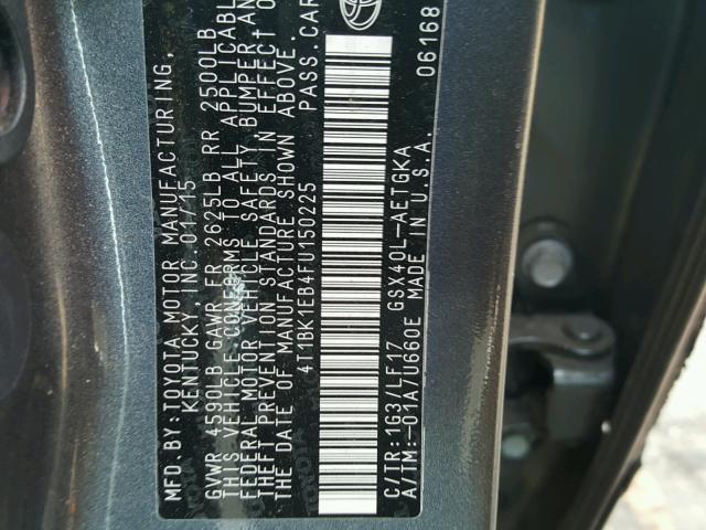 4T1BK1EB4FU150225 - 2015 TOYOTA AVALON XLE GRAY photo 10