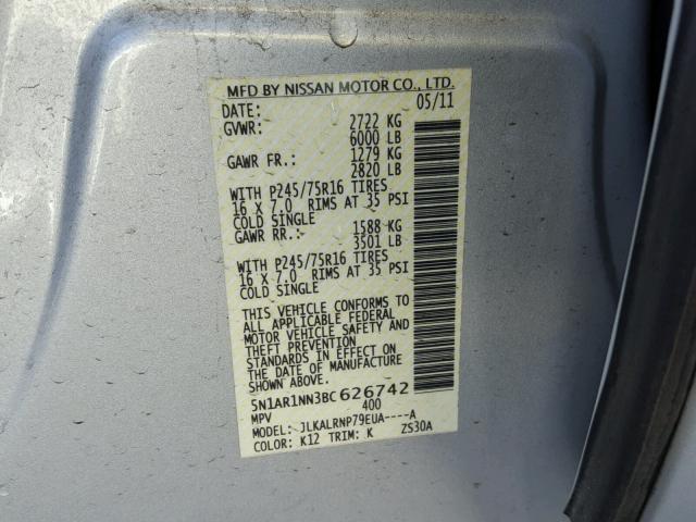 5N1AR1NN3BC626742 - 2011 NISSAN PATHFINDER SILVER photo 10