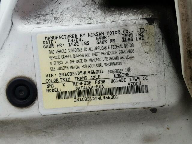 3N1CB51D94L456001 - 2004 NISSAN SENTRA 1.8 WHITE photo 10