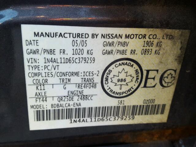 1N4AL11D65C379259 - 2005 NISSAN ALTIMA S GRAY photo 10