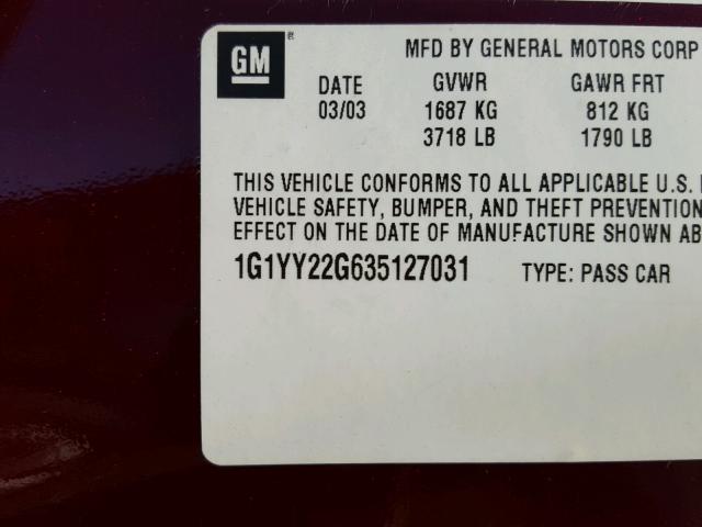 1G1YY22G635127031 - 2003 CHEVROLET CORVETTE RED photo 10