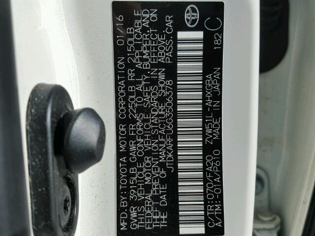 JTDKARFU6G3506378 - 2016 TOYOTA PRIUS WHITE photo 10