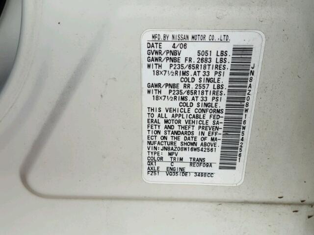 JN8AZ08W16W542561 - 2006 NISSAN MURANO SL WHITE photo 10