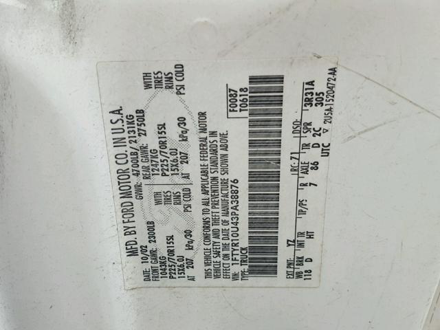 1FTYR10U43PA38876 - 2003 FORD RANGER WHITE photo 10