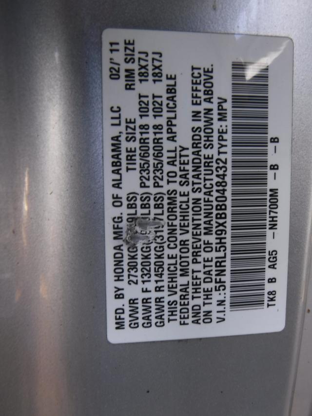 5FNRL5H9XBB048432 - 2011 HONDA ODYSSEY TO SILVER photo 10