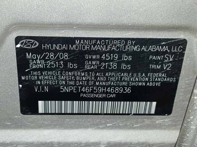 5NPET46F59H468936 - 2009 HYUNDAI SONATA GLS TAN photo 10