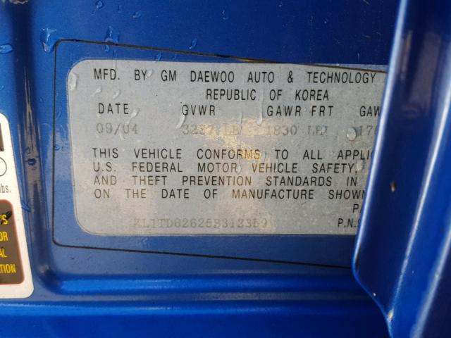 KL1TD62625B312359 - 2005 CHEVROLET AVEO BASE Կապույտ լուսանկար 10