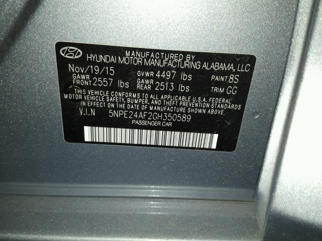 5NPE24AF2GH350589 - 2016 HYUNDAI SONATA SE GRAY photo 10