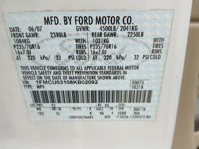 1FMCU03108KB02092 - 2008 FORD ESCAPE XLT WHITE photo 10