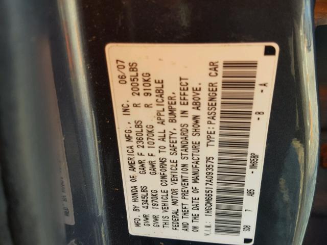 1HGCM66517A093575 - 2007 HONDA ACCORD EX GRAY photo 10