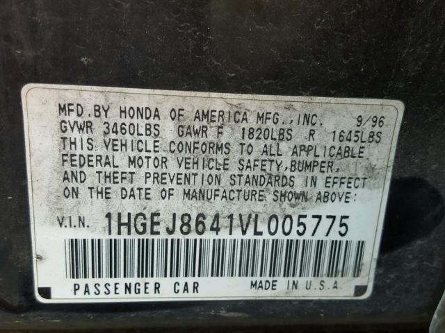 1HGEJ8641VL005775 - 1997 HONDA CIVIC EX BLACK photo 10